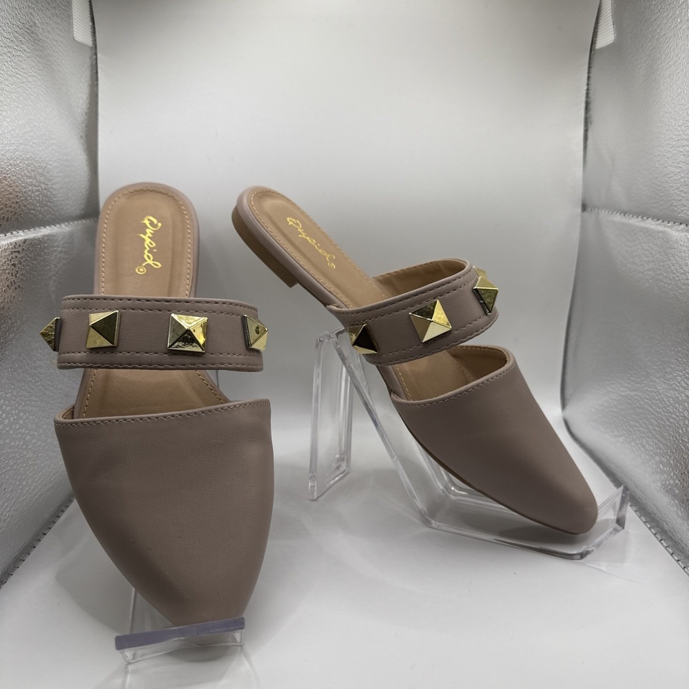 Qupid Slip On Studded Mules Taupe / Tan New Size 5.5